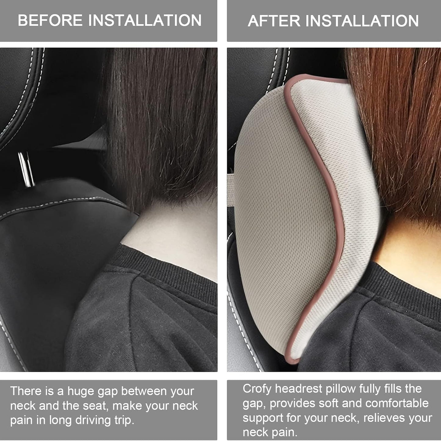 Crofy 2-Pack Car Neck Pillow, Headrest Pillow with Adjustable Strap, Black | Soft Memory Foam; Ergonomic Design Fits Most Car & Office Chairs; Breathable Removable Pillow Cover Is Machine Washable