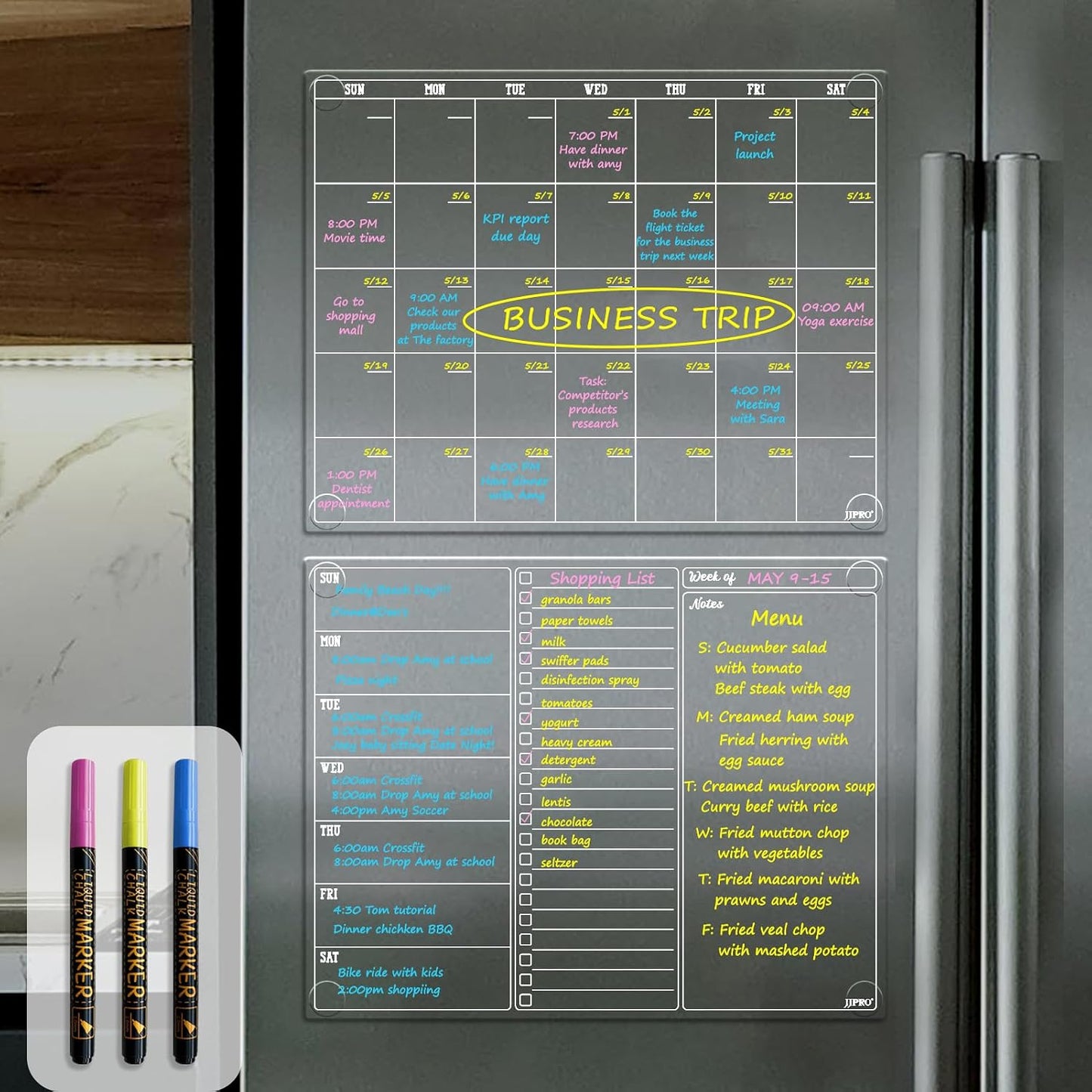 JJPRO Non-Magnetic Dry Erase Calendar for Fridge, Monthly Calendar, Weekly Planning Board Bundle for All Smooth Surfaces. Clear Reusable Calendar Stick to Fridge,Cabinet,Door&Glass