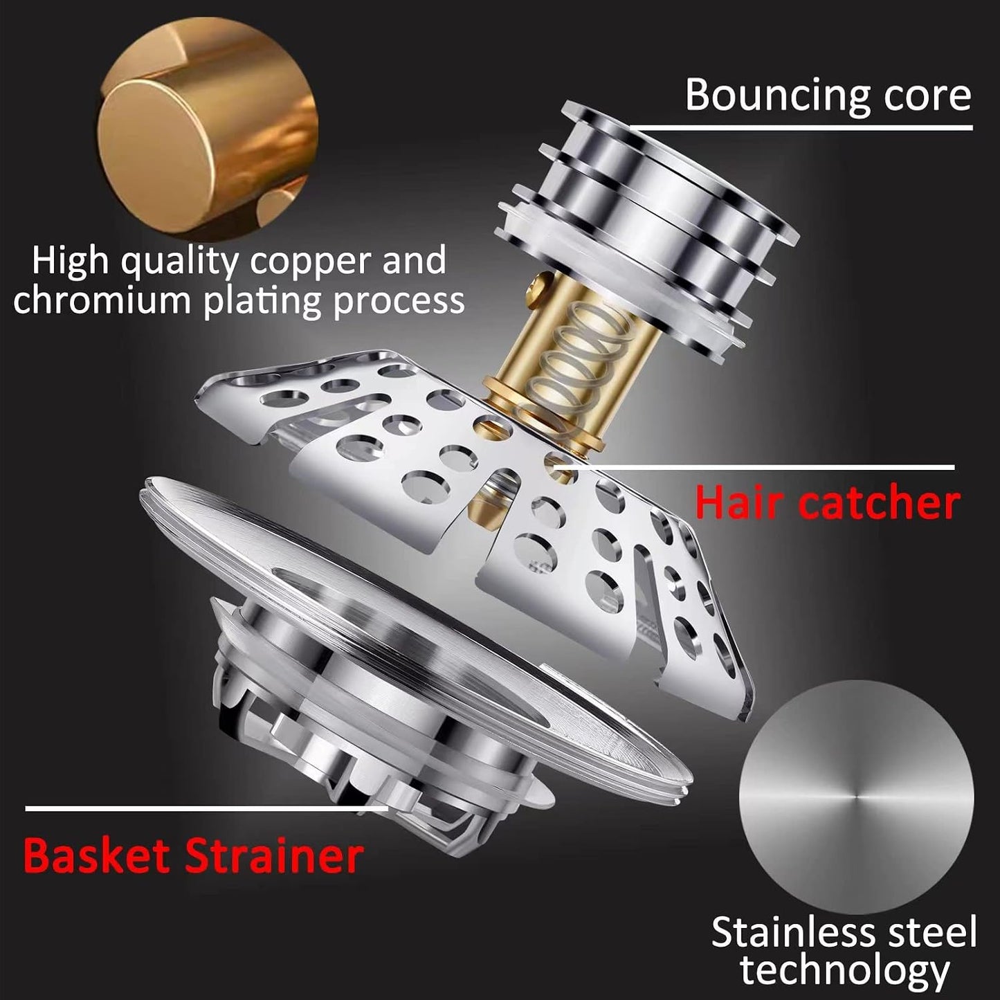 AzWzz Universal Tub Stopper Bathtub Drain Plug, Pop Up Tub Drain Hair Catcher, Drain Cover with Strainer, for 1-3/8 to 2in Bath Drain Hole
