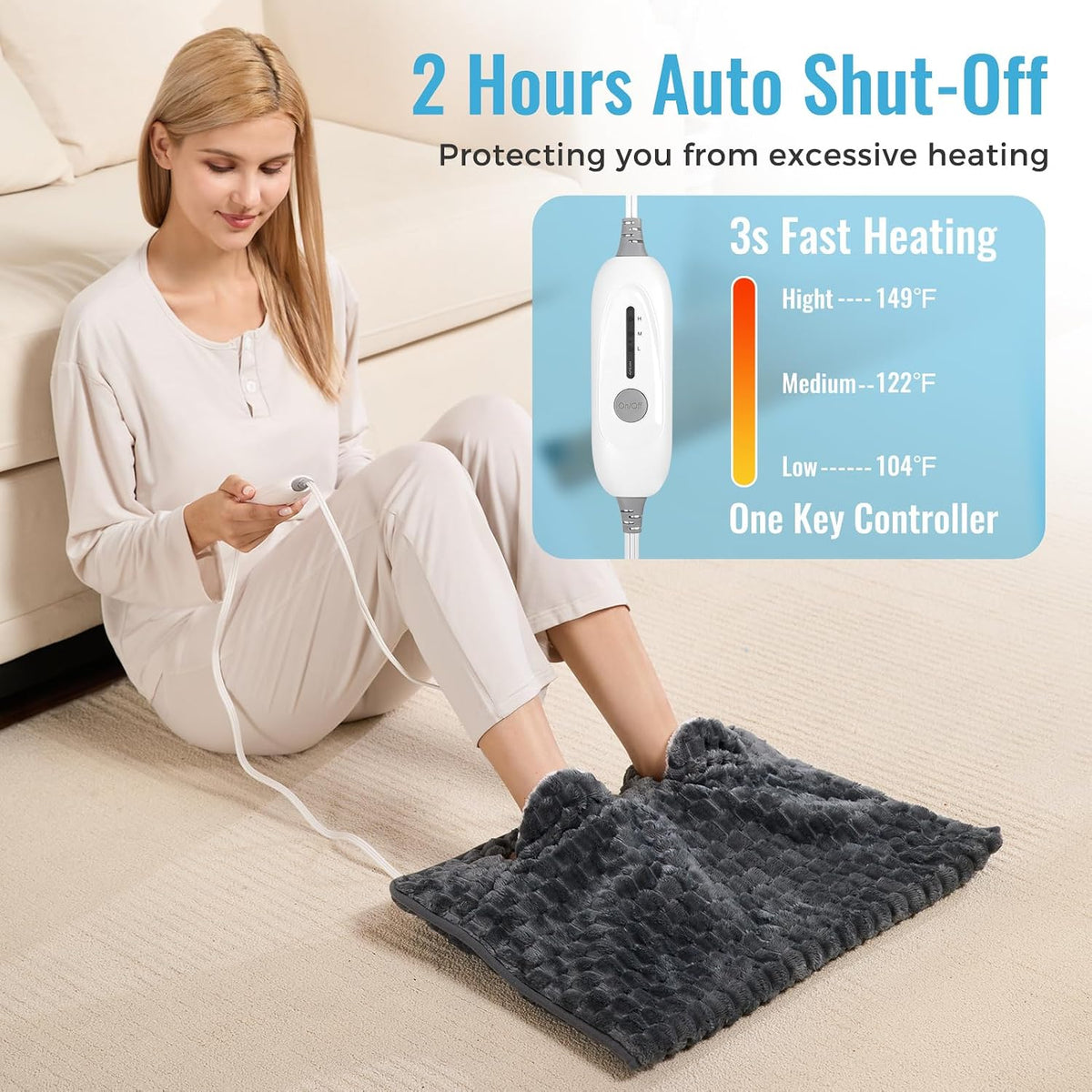 Electric Heated Foot Warmer Soft Flannel Foot Heater with 2h Auto Off & 3 Heat Levels Full Body Use Heating Pad for Feet, Abdomen, Cramps, Pain Relief Pocket Design 16" x 22" Light Grey