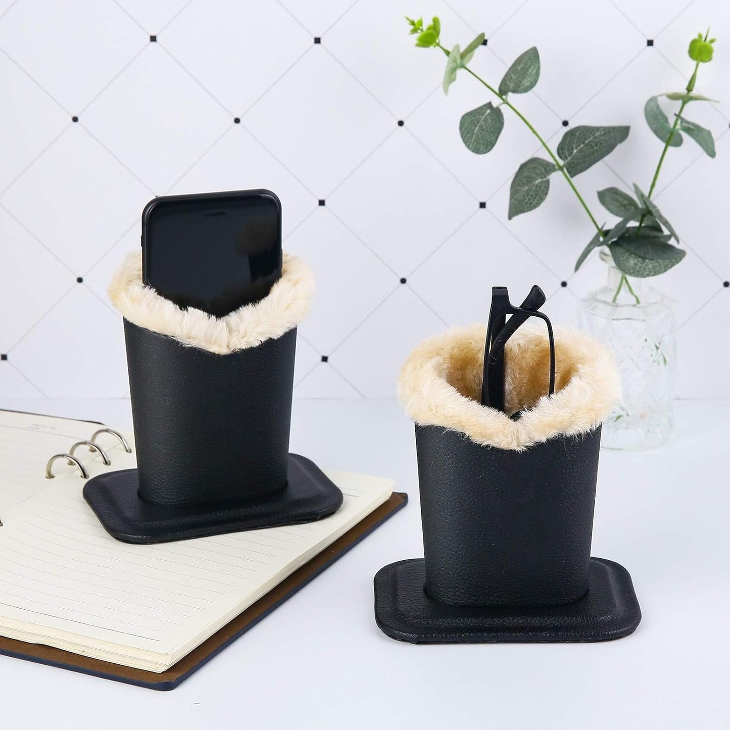 Siveit Plush Lined Eyeglass Holder, PU Leather Eyeglass Case, Anti-Scratch Glasses Storage Organizer for Desk Office Nightstand,2 Packs (Black, Navy)