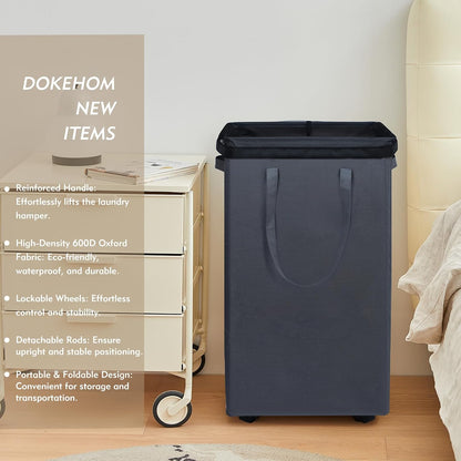 DOKEHOM 25" Slim Rolling Laundry Basket Hamper, Narrow on Wheels, Grey | Collapsible narrow laundry hamper with mesh drawstring closure. Foldable corner clothes storage bin for small spaces