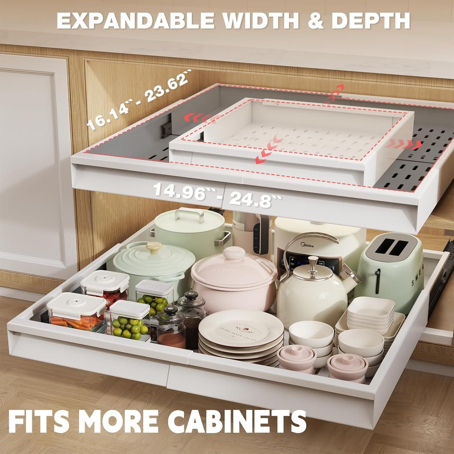 Seinloes Pull Out Cabinet Organizer, 4-Side Expandable to Fit Most Cabinets, 3 Rail Slide Out Drawers with Raising Pad for Framed & Frameless Cabinets, 13"-21" W x 17"-24" D, White, 2 Pack
