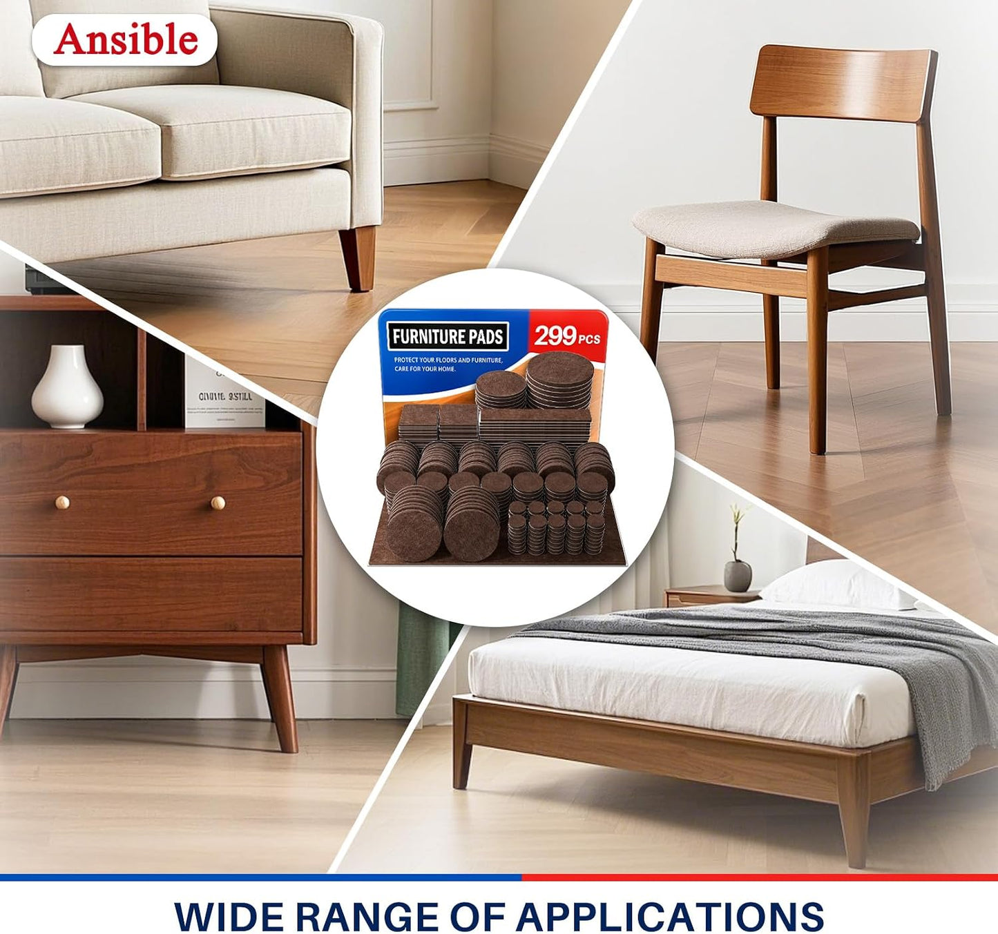 Ansible Felt Furniture Pads Chair Leg Floor Protectors 1" 60PCS | Felt Pads for Hardwood Floors,Self-Adhesive, Reduce Noise and Anti-Scratches,Easy to Install,Beige,Round