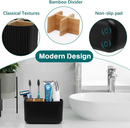 GFWARE Toothbrush Holders for Bathrooms - Bamboo Divider Toothbrush and Toothpaste Holder with Drainage, Kids Electric Toothbrush Organizer for Bathroom Countertop, White Tooth Brush Holder | 5 Slots Toothbrush and Toothpaste Holder with Bamboo Divider,