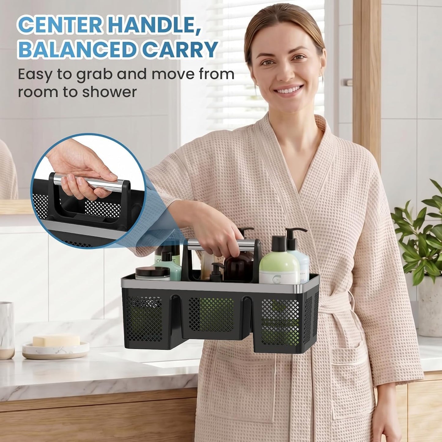 BYUNER Portable Cleaning & Shower Caddy with Handle: Rigid Plastic Basket with 4 Divided Compartments, All-Side Drainage for College Dorm, Bathroom & Utility Use, Black/Gold