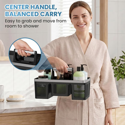BYUNER Portable Cleaning & Shower Caddy with Handle: Rigid Plastic Basket with 4 Divided Compartments, All-Side Drainage for College Dorm, Bathroom & Utility Use, Black/Gold