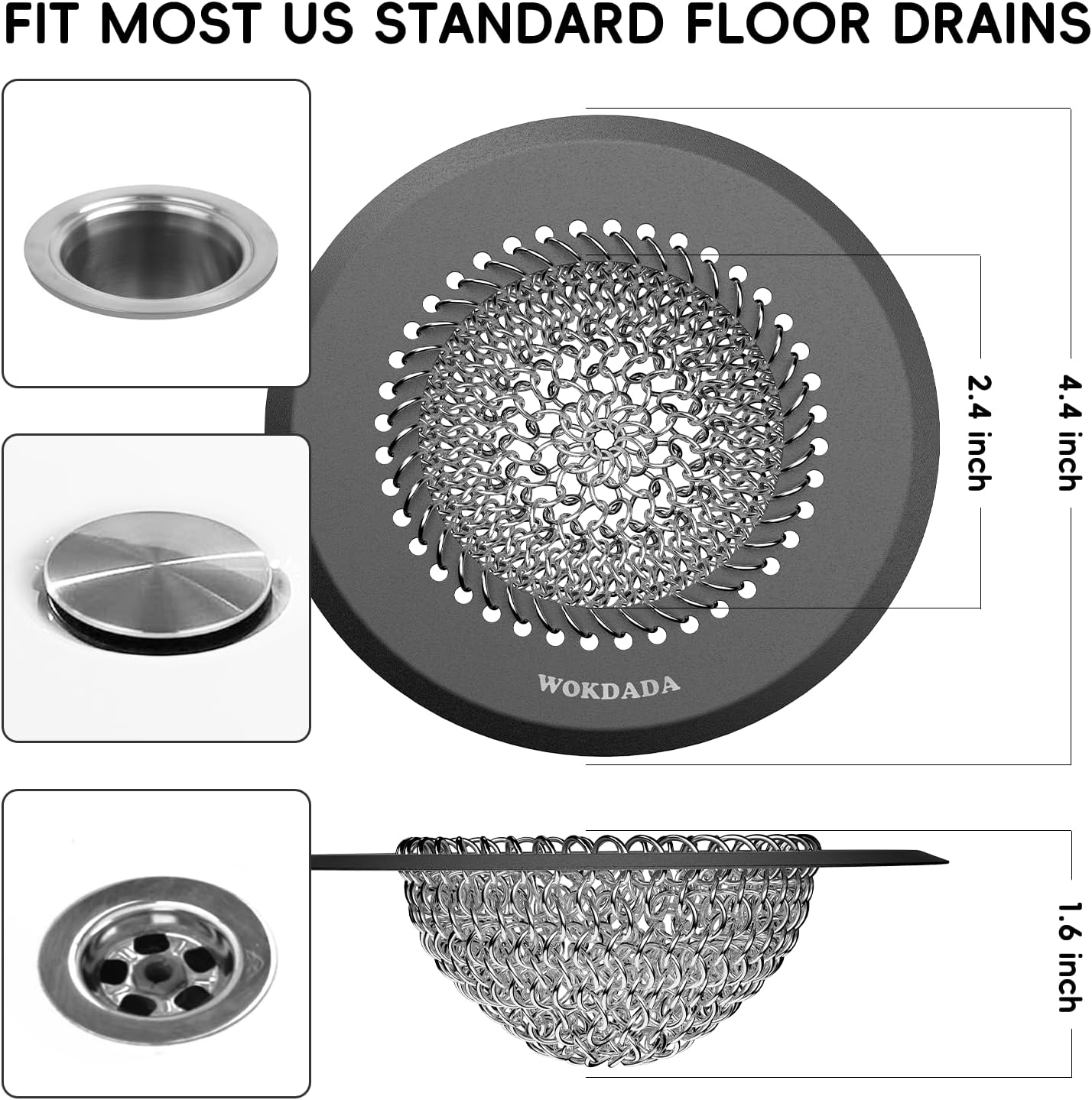 Shower Drain Hair Catcher, Patented Bathtub Drain Cover, Anti-Clog | Reversible Flip Clean, Fast Drainage, Anti-Slip Base, 304 Stainless Steel Chain Mail Mesh, 4.4" for Bathtub & Shower Drains