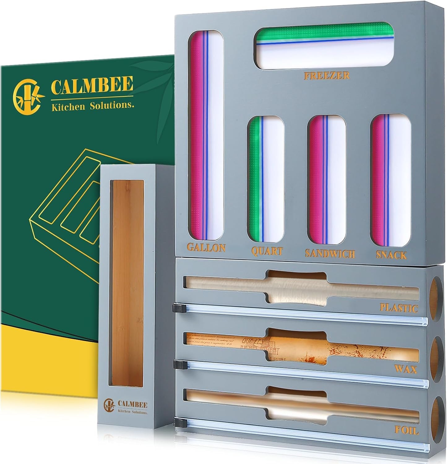 Calmbee 9 in 1 Bamboo Storage Bag Organizer for Kitchen Drawer – Plastic Wrap Dispenser with Cutter & Foil Organizer, Wooden Baggie Organizer for Sandwich, Snack, Gallon, Quart Sizes, Natural