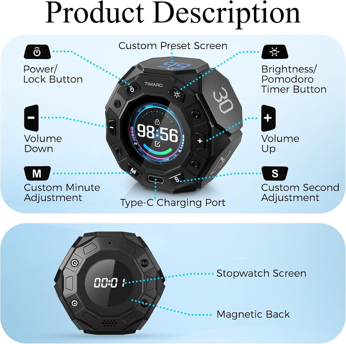 TIMARO Pomodoro Timer with 3/5/10/25/30 Min Presets for Productivity