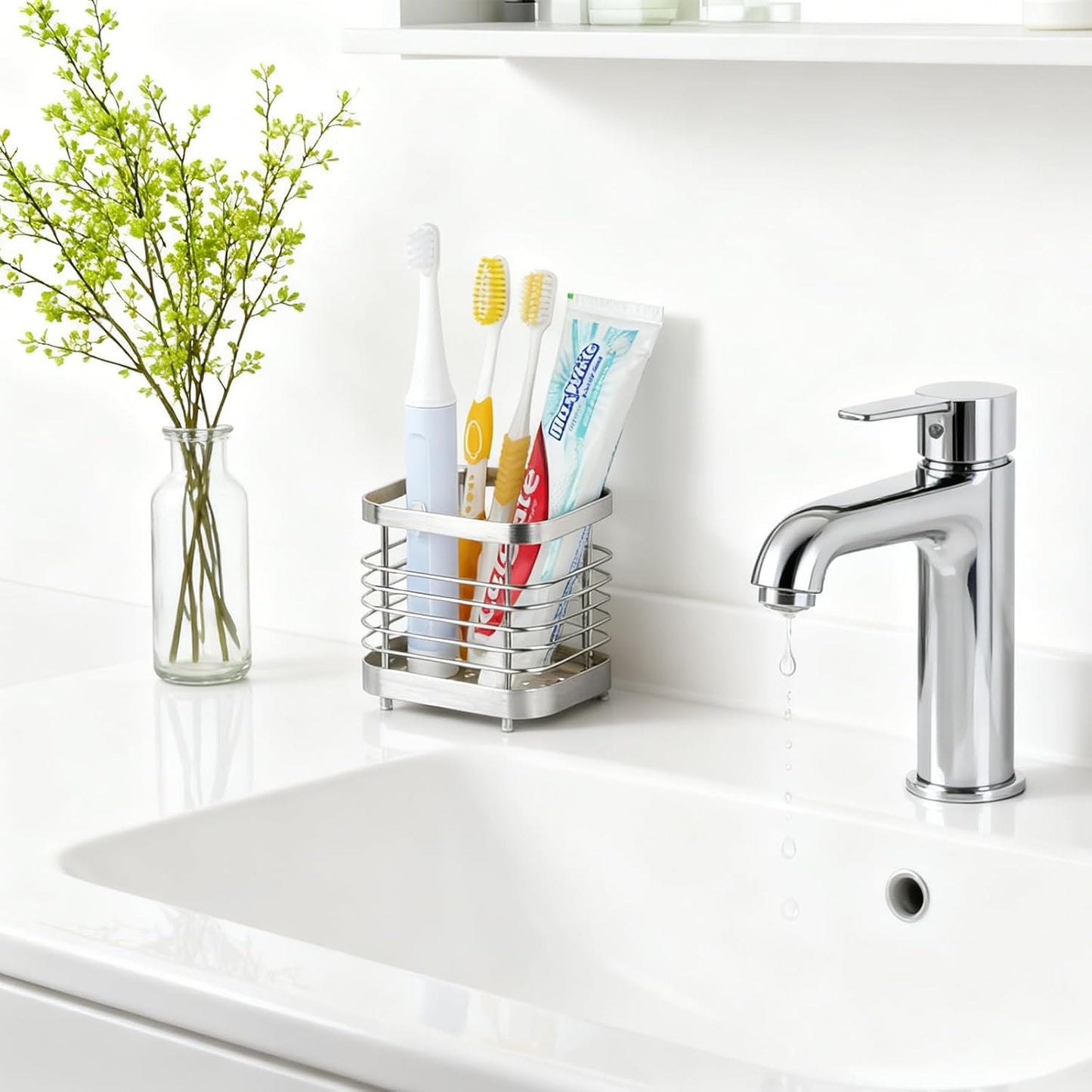 Toothbrush Holders for Bathrooms, 4 Slots Metal Tooth Brushing Organizer | Rustproof Electric Tooth Brush Toothpaste Holder with Drainage for Bathroom Countertop, White