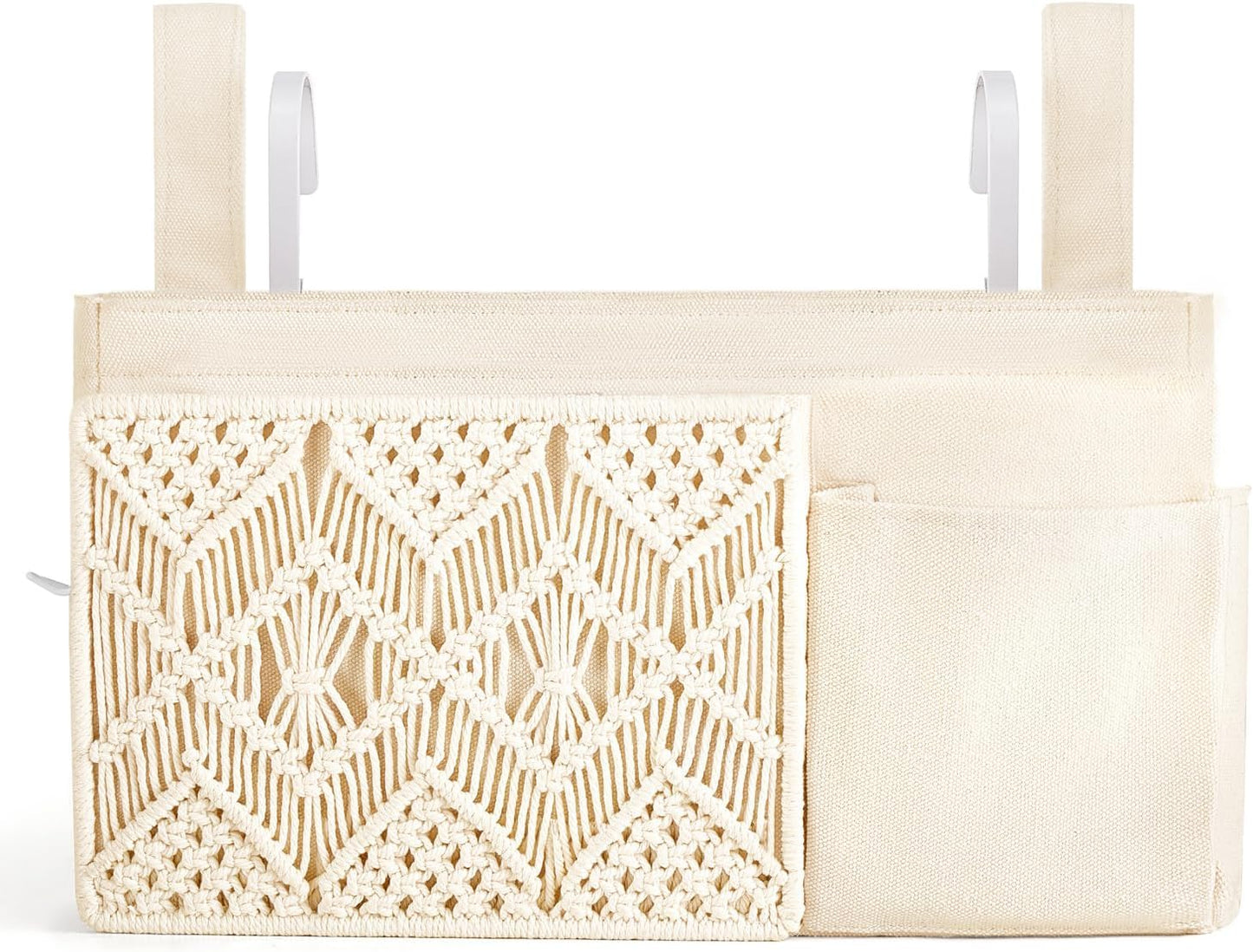 Mkono Bedside Caddy, Macrame Hanging Organizer, 4 Pockets Ivory Metal Hooks | Dorm Room Essentials, Boho Storage, Bunk Loft Bed Bedroom Nursery, Laptop Phone Remote Magazine Glasses, Fixed Straps