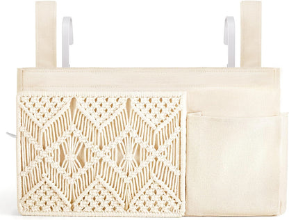 Mkono Bedside Caddy, Macrame Hanging Organizer, 4 Pockets Ivory Metal Hooks | Dorm Room Essentials, Boho Storage, Bunk Loft Bed Bedroom Nursery, Laptop Phone Remote Magazine Glasses, Fixed Straps