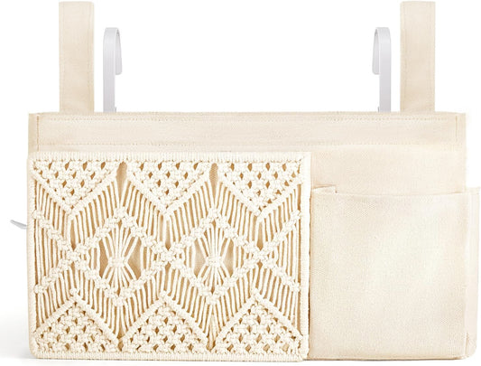 Mkono Bedside Caddy, Macrame Hanging Organizer, 4 Pockets Ivory Metal Hooks | Dorm Room Essentials, Boho Storage, Bunk Loft Bed Bedroom Nursery, Laptop Phone Remote Magazine Glasses, Fixed Straps