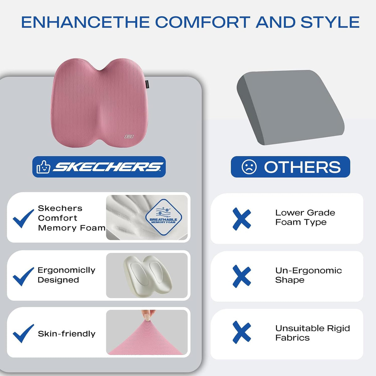 Skechers Seat Cushion, Ergonomic Memory Foam Cushion for Long Sitting Hours on Office & Home Chair, Car Seat Cushion for Sciatica, Coccyx Cushion,Brown