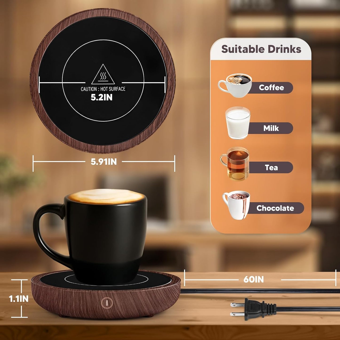 Coffee Mug Warmer for Desk, 36W Fast Heating, Keep Every Sip Warm | 3 Temperature Settings, 4-Hour Auto Shut Off, Elegant Wood Design for Coffee, Tea & Milk, Perfect Office Coffee Companion