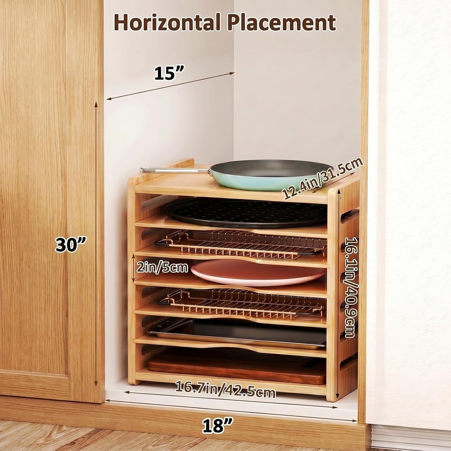 7 Tier Wooden Tray Dividers for Cabinets | Kitchen Vertical Cookie Sheet Organizer, Baking Trays Storage Rack, For Baking Pans, Cutting Board