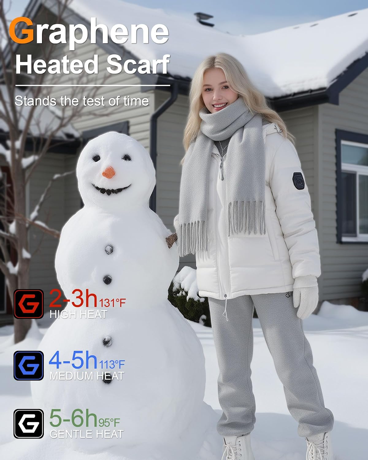 Wulcea Graphene Heated Scarf For Women 5V2A 6000mAh Fast Charge Large Capacity Battery