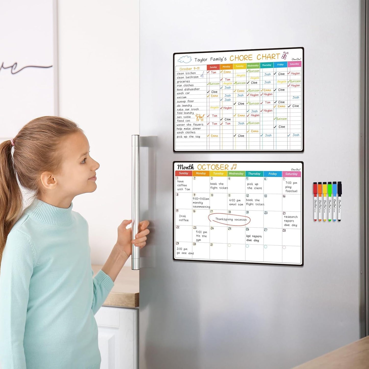 Magnetic Dry Erase Weekly Calendar for Fridge - Large 17"x12" Magnetic Weekly Planning Board with Hourly Time Slots - 6 Extra Fine Point Markers Included
