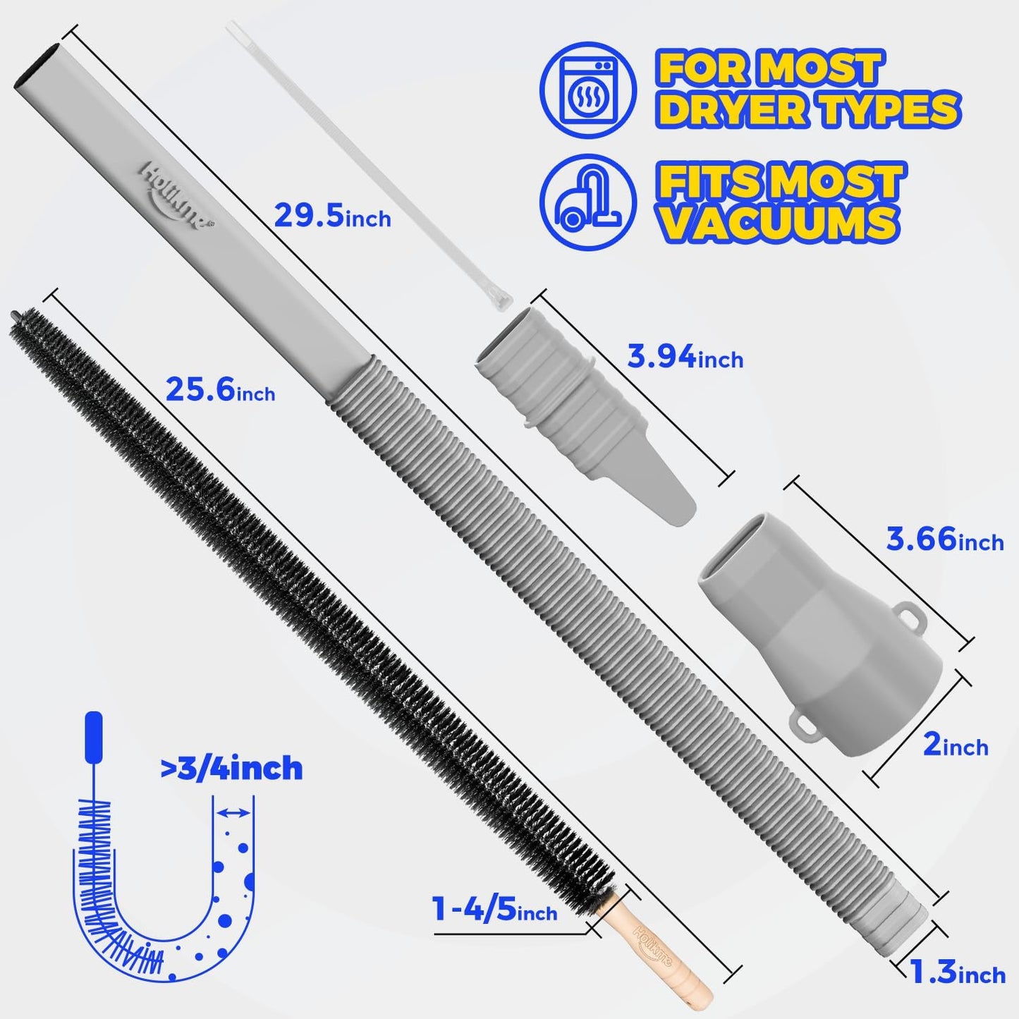 Holikme Dryer Vent Cleaner Kit, Vacuum Hose Attachment, 2-Piece, Black | Adjustable Cable Tie for Easy Attachment, Flexible Lint Brush Removes Lint from Dryer Lint Screens and Tight Spaces