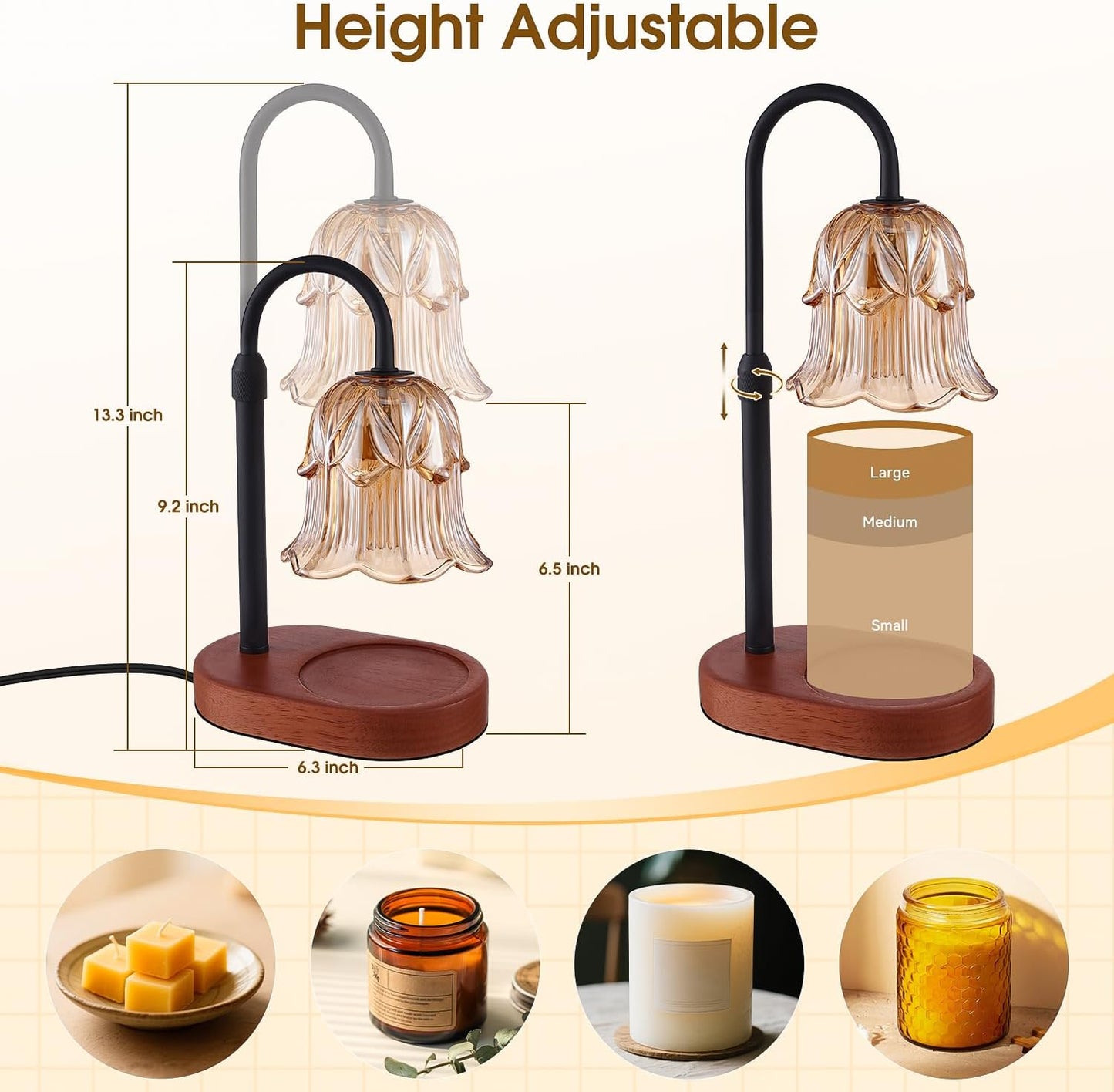 Candle Warmer Lamp Adjustable Timer - Electric Flower Glass Candles Light | Height Adjustable Dimmable Vintage Base Modern Wax Candles Jar Top Warmers Wax Melts Birthday Women Mom House Warming Gifts