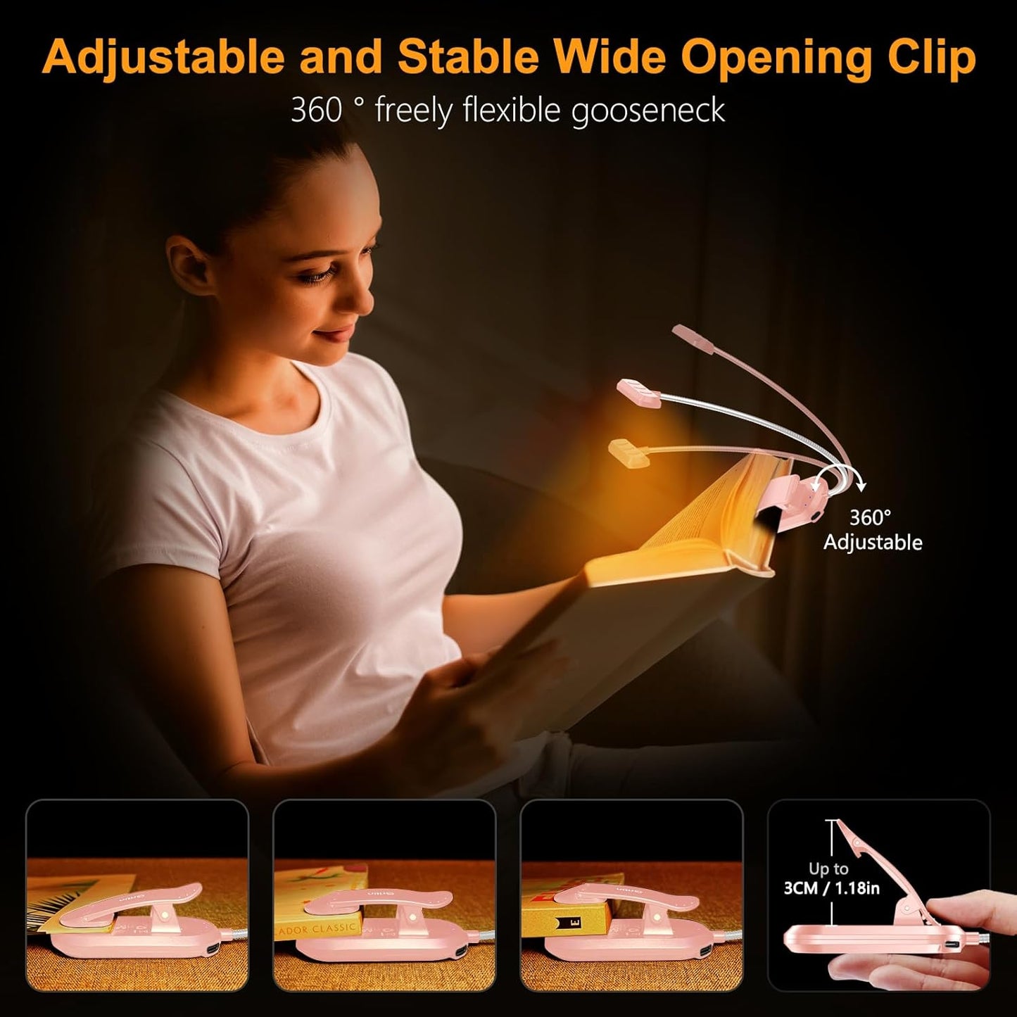 Gritin Rechargeable Book Light for Reading in Bed with 19 LED | Eye Caring 3 Color Temps,5 Brightness Levels,Memory Function,90 Hrs Runtime Flexible Goose Neck Clip on Light for Book Lovers