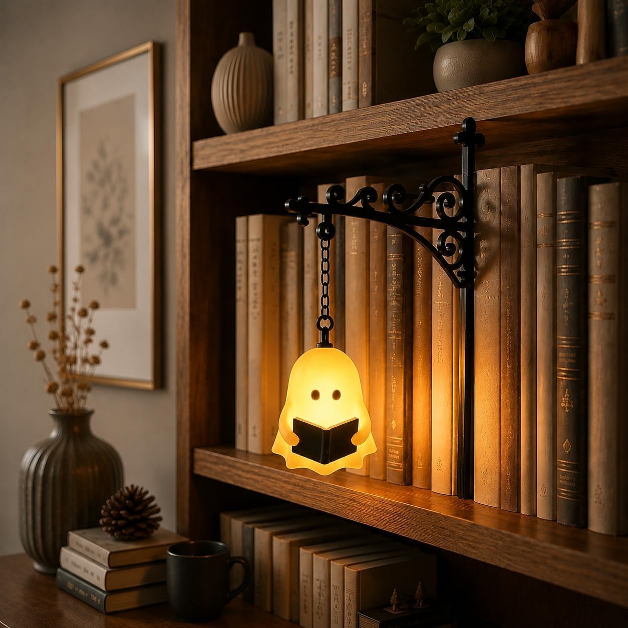 Library Lantern-Decorative Bookshelf Lighting, Mini Bookshelf Lamp Slides Between Books, Warm Amber LED Bookshelf Lights for Book Nook, Shelf Decor Gift for Book Lovers(Classic Lantern)