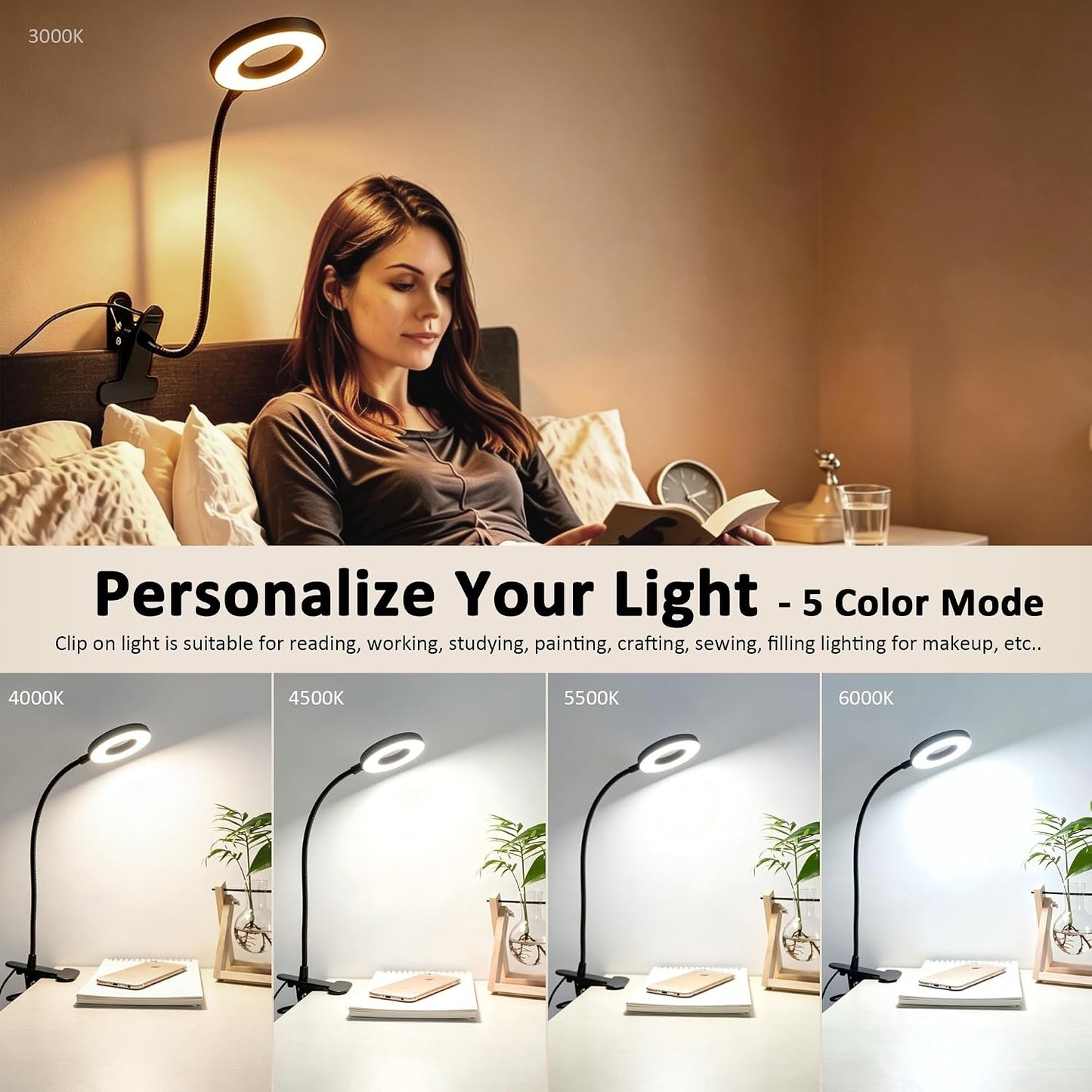 Akynite Desk Lamp Clip on Light, 48 LED Clamp Lamp, 5 Color 10 Brightness | USB Powered with Adapter, 360° Flexible Gooseneck, Eye Protection, Reading Book Lights Clamp on for Bed Home Office Study