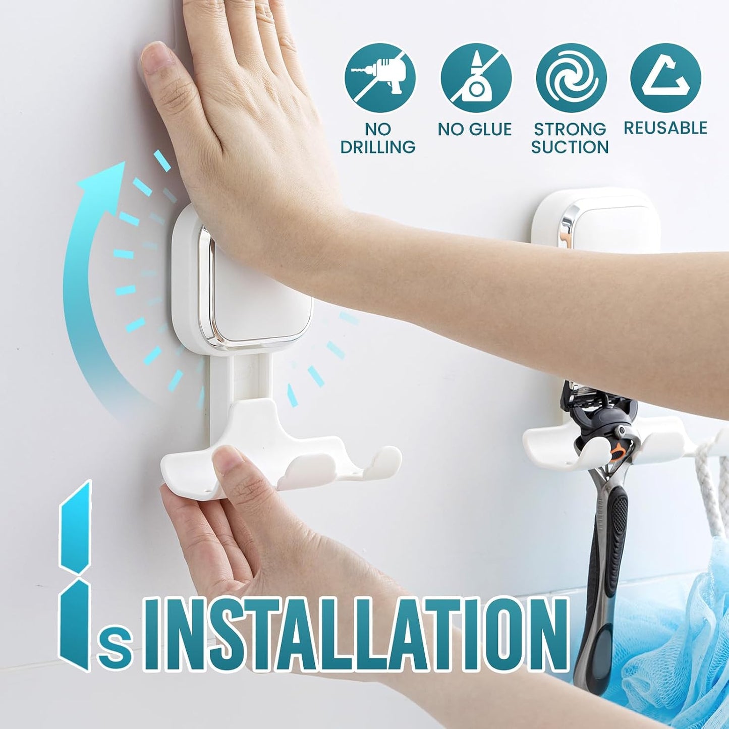 TAILI 2 Pack Upgraded Suction Cup Razor Holder for Shower Waterproof, Black | Visible Safety Indicator, Rust-Resistant Bathroom Organizer, No-Drill Glass Shower Wall Hook for Towel,Loofah,Razor,Squeegee