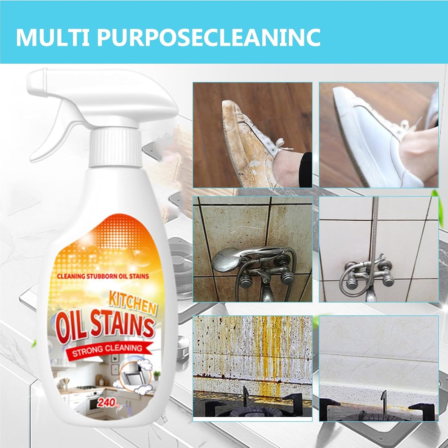 Kitchen Degreaser Spray, Kitchen Oil Stains Spray, Heavy Duty Degreaser For Kitchens, Oil Stain Remover, For Grills,Oven,Cabinet, Air Fryer,Home & Commercial, 240ML/8.45OZ (2PC)