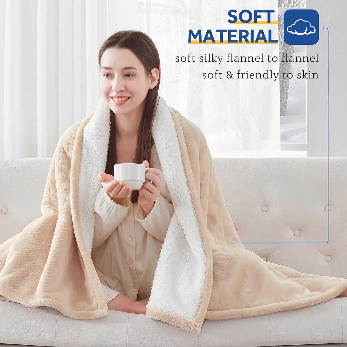 Sealy Heated Blanket Electric Throw 50"x60" Flannel & Sherpa, Auto Shutoff | Electric Blanket Throw with 6 Heat Levels & 2-10H Auto Shutoff, Fast Heating & Overheat Protection, Machine Wash, Light Grey