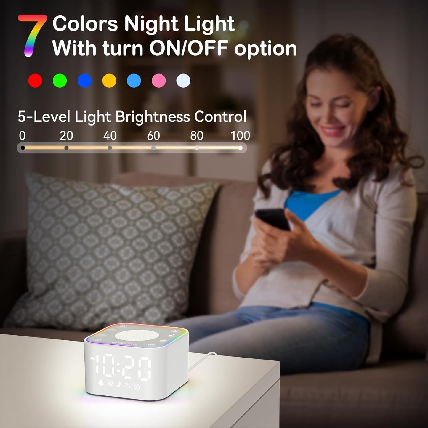 White Noise Sound Machine: Fall Asleep 40% Faster for Adults Bedroom | 30 Non-Looping Sounds Adjustable Volume for Relax & Sleep, Built-in Dimmable Alarm Clock & Night Light