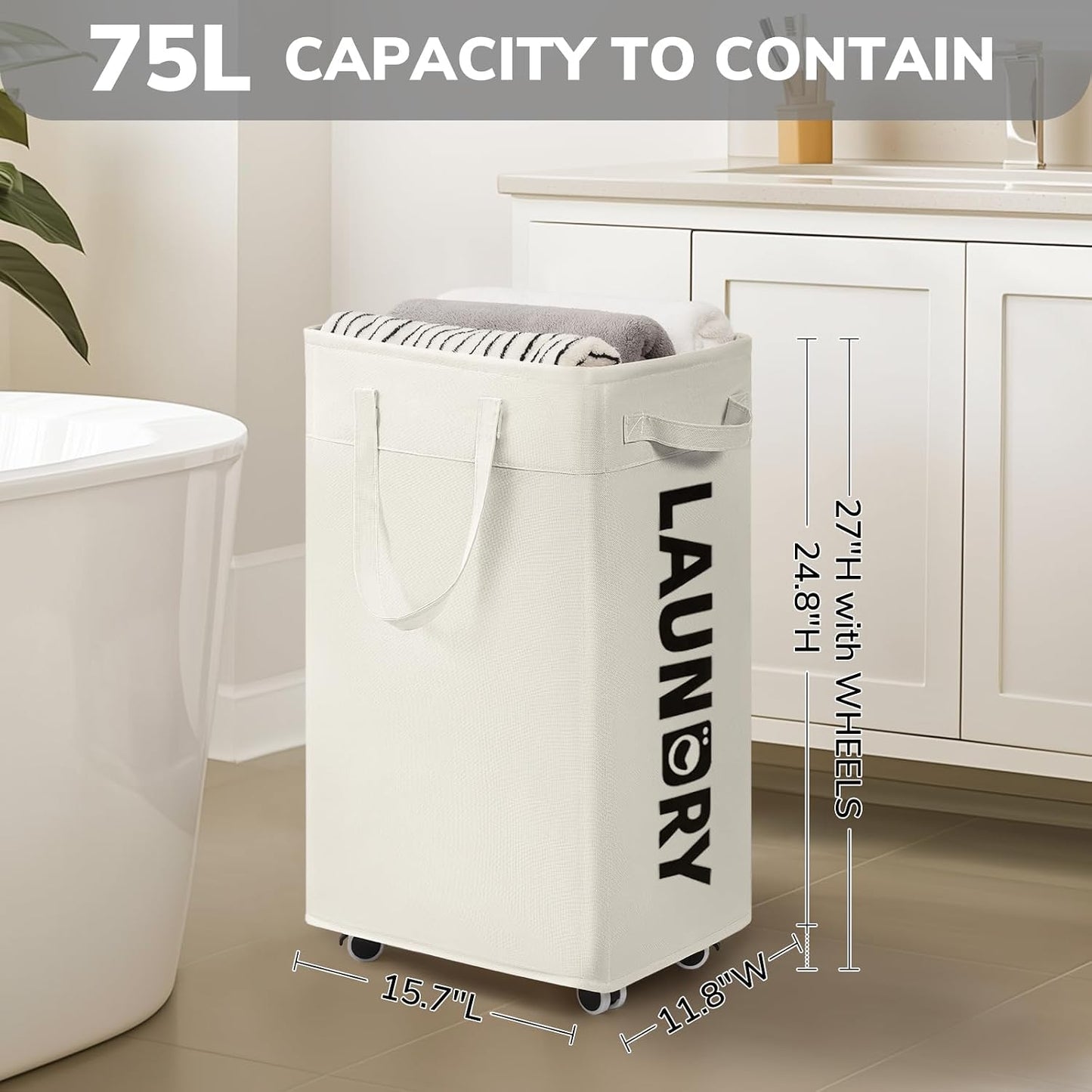 CHICVITA 75L Large Rolling Laundry Basket with Wheels & Wash Bag, Grey | Collapsible design saves space for corner dorms. Removable wash bag for easy laundry transport