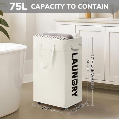 CHICVITA 75L Large Rolling Laundry Basket with Wheels & Wash Bag, Grey | Collapsible design saves space for corner dorms. Removable wash bag for easy laundry transport