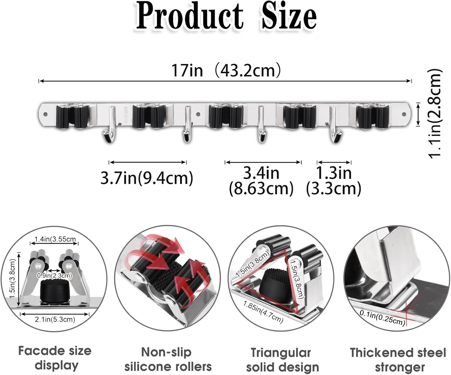 AceMining Broom Holder Wall Mount, 5 Racks 4 Hooks Heavy Duty Mop Organizer | Mop Holder Wall Mount and Broom Hanger for Garage, Laundry Room, Kitchen and Utility Storage