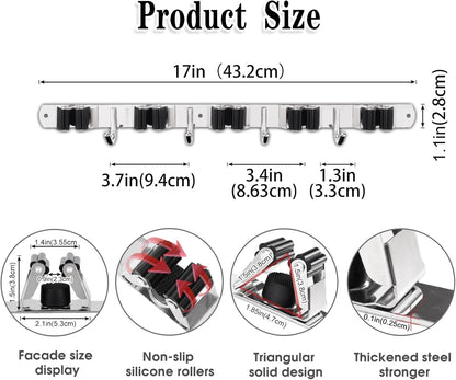 AceMining Broom Holder Wall Mount, 5 Racks 4 Hooks Heavy Duty Mop Organizer | Mop Holder Wall Mount and Broom Hanger for Garage, Laundry Room, Kitchen and Utility Storage