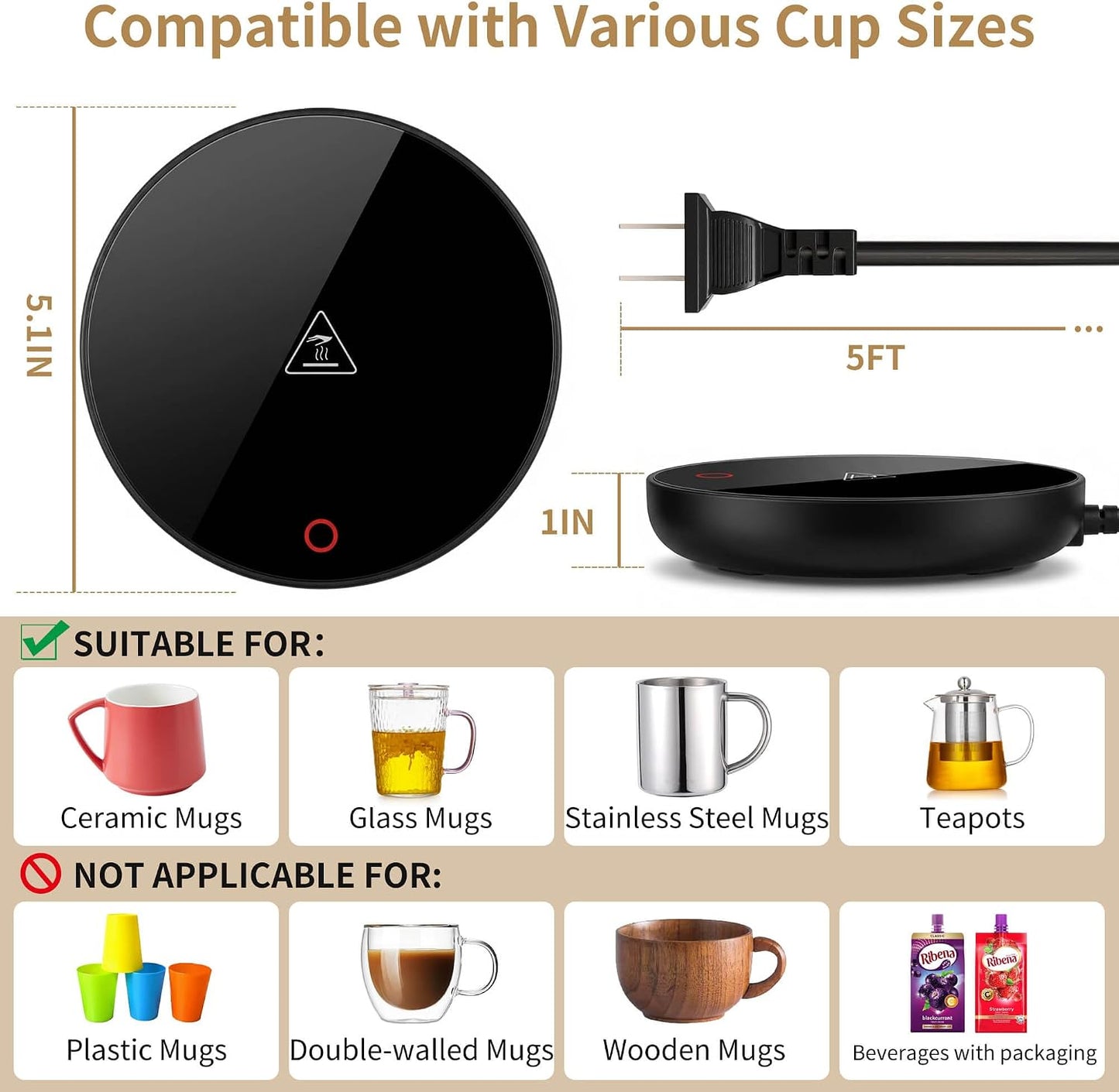 Coffee Mug Warmer for Desk 4H Auto Shut Off, Smart Coffee Cup Warmer with 3 Temperature Setting, Electric Mug Warmer Plate for Coffee, Milk, Tea (Black)