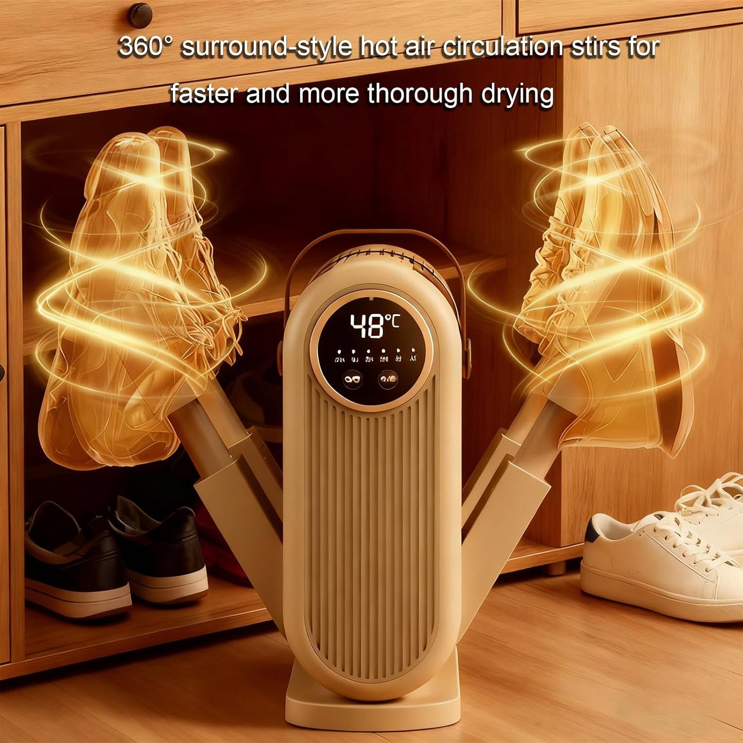 Portable Boot Dryer Folds for easy storage Constant-temperature dehumidification Features aromatherapy deodorization 360-minute timer 4 boot heaters Suitable for work boots ski boots sneakers socks