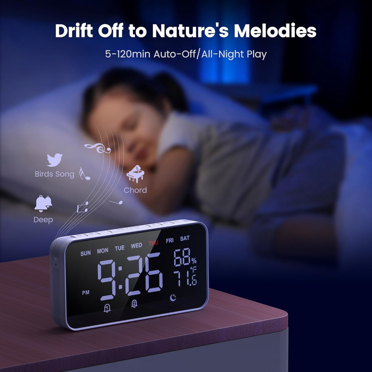 Dekala Digital Alarm Clocks for Bedrooms, Loud Alarm Clock for Heavy Sleepers, Temperature & Humidity Detect, Dual Alarms Weekday/Weekend Mode, Large Display Auto Dimmer, Sleep Sound，9 Ringtone