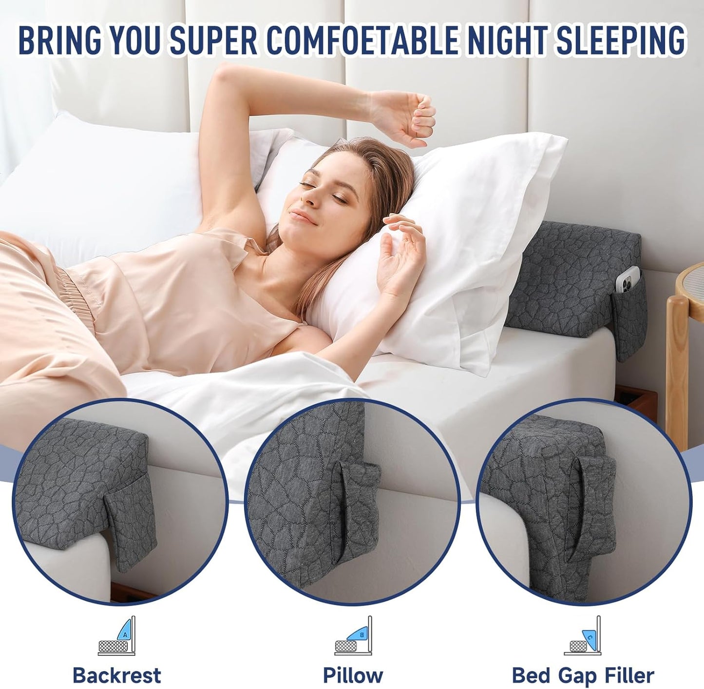 Patented Bed Wedge Pillow for Headboard Gap, Filler Between Mattress Gaps (0-7"), Comfortable Supportive High Density Cushioned Foam Pillows, Stay in Place Gripping Dots, King Soft Gray (76"x10"x6")