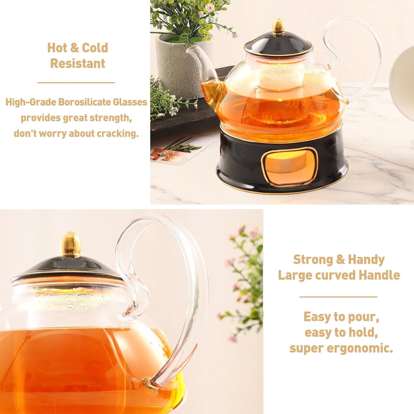 DUJUST Blooming Tea Pot Set, Luxury British Design with Relief Decor & Gold Trims, Hand-Crafted Clear Teapot with Warmer, 40oz Glass Teapot with Infuser, Stove-Safe Tea Party Gift & Home - Black