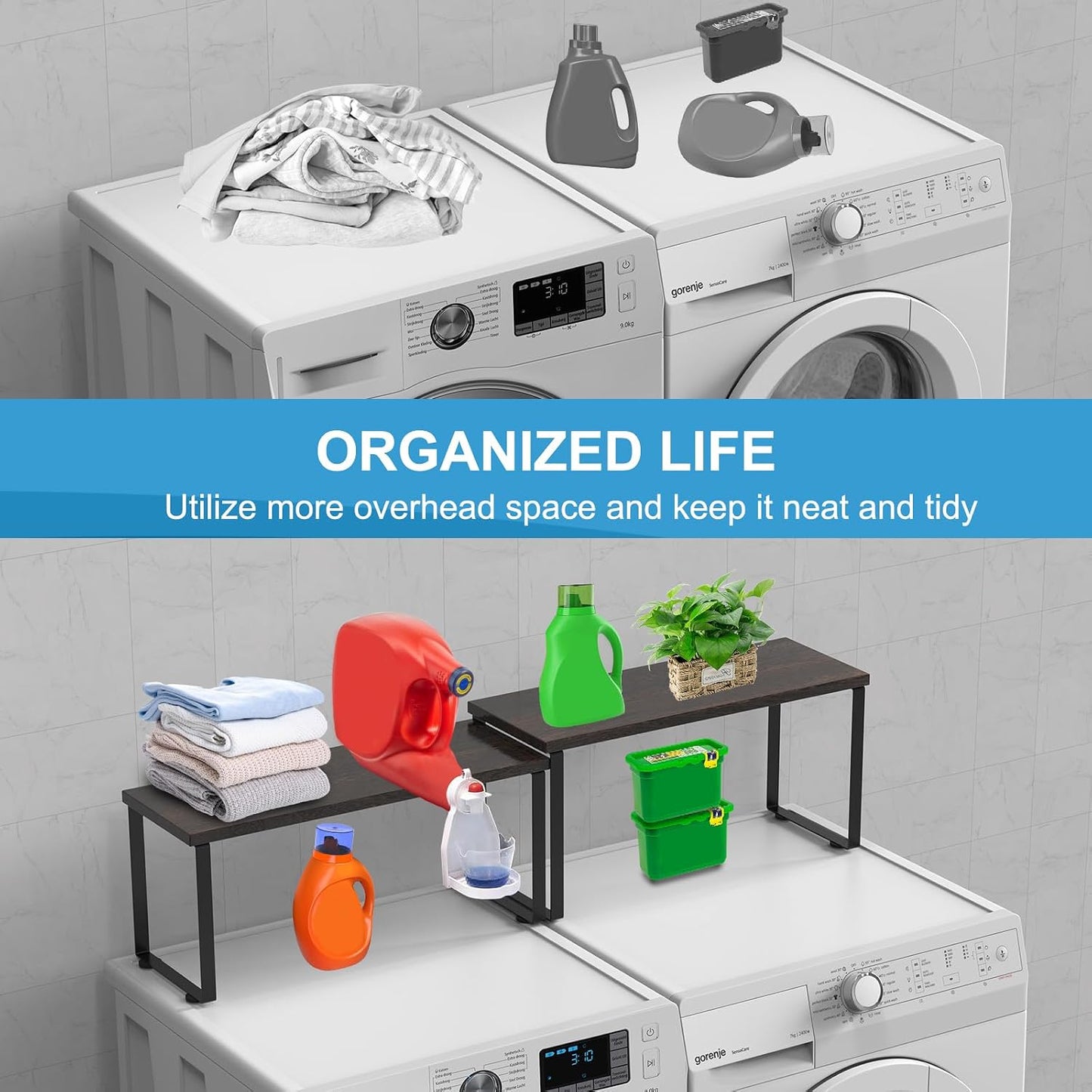 Expandable Washer Dryer Countertop Shelf, Stackable Over Washer and Dryer Storage Shelves, for Laundry Room Organization, Space Saving Laundry Shelf