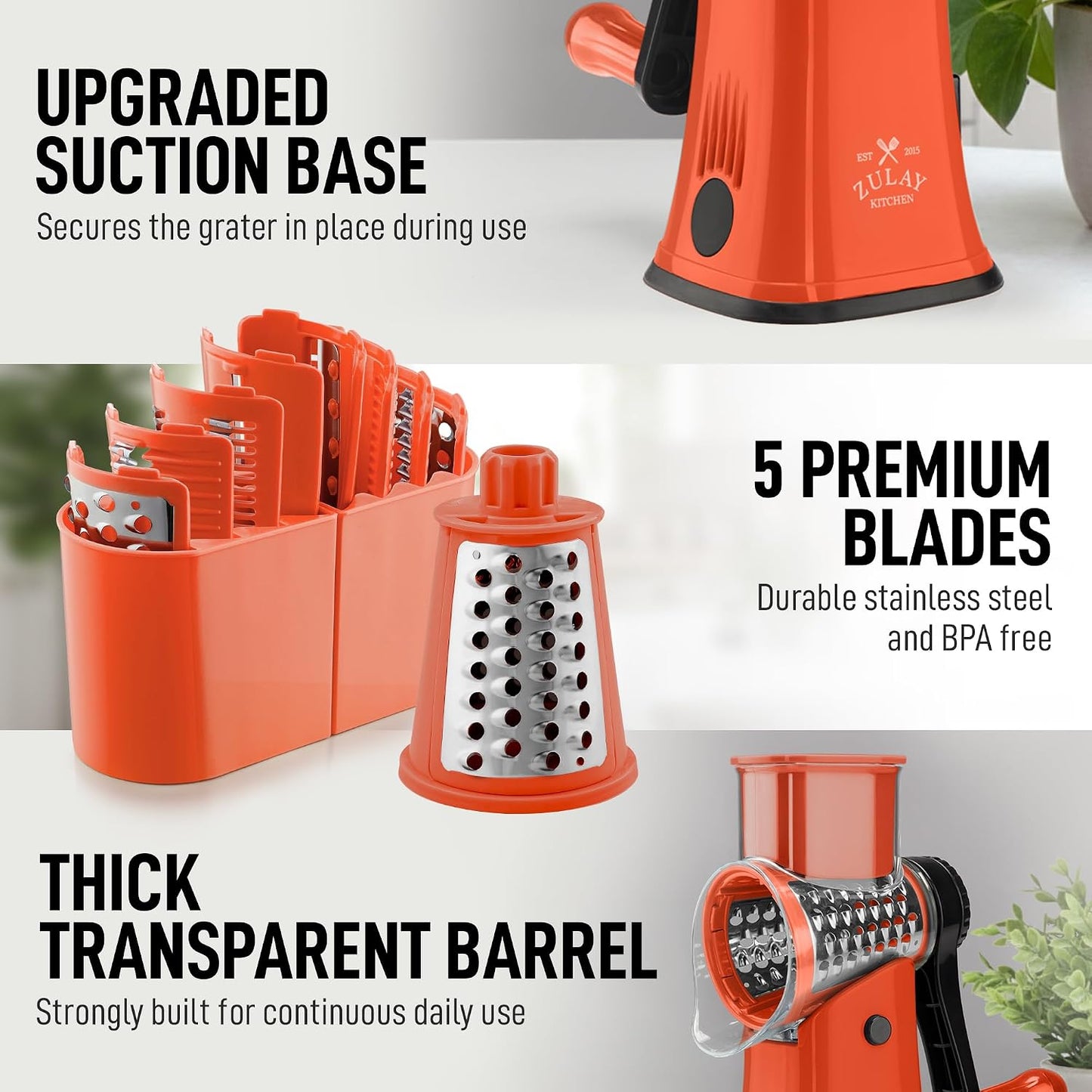 Zulay Kitchen Rotary Cheese Grater 5 Blade Cheese Shredder - Manual Hand Crank Cheese Grater With Reinforced Suction & 5 Interchangeable Drums - Easy to Use, Vegetable Chopper Round Mandoline Slicer - Colors B