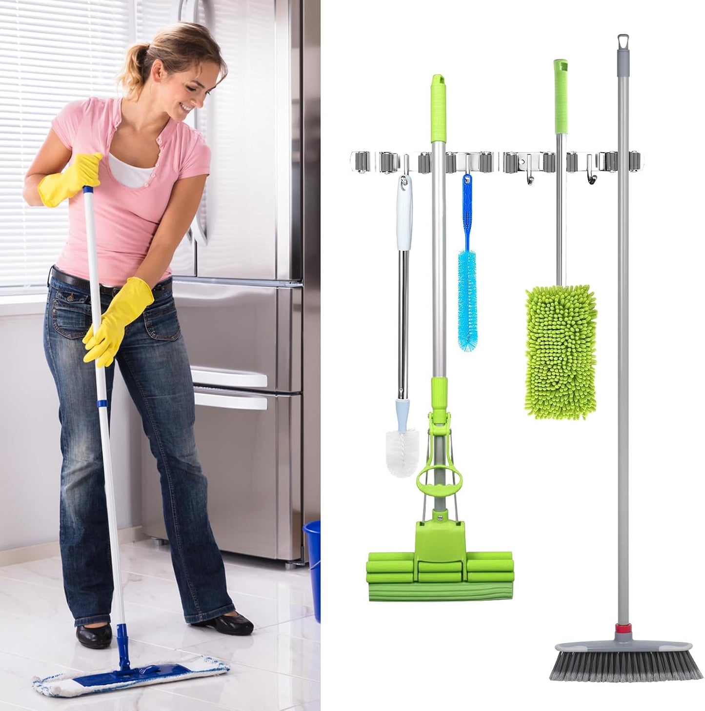 UNIFUN Broom Holder Wall Mount, 5 Racks 4 Hooks, Stainless Steel Organizer | Heavy-duty construction, Space-Saving Wall Mount, Easy To Install, Perfect for kitchen, garage, garden, laundry closet
