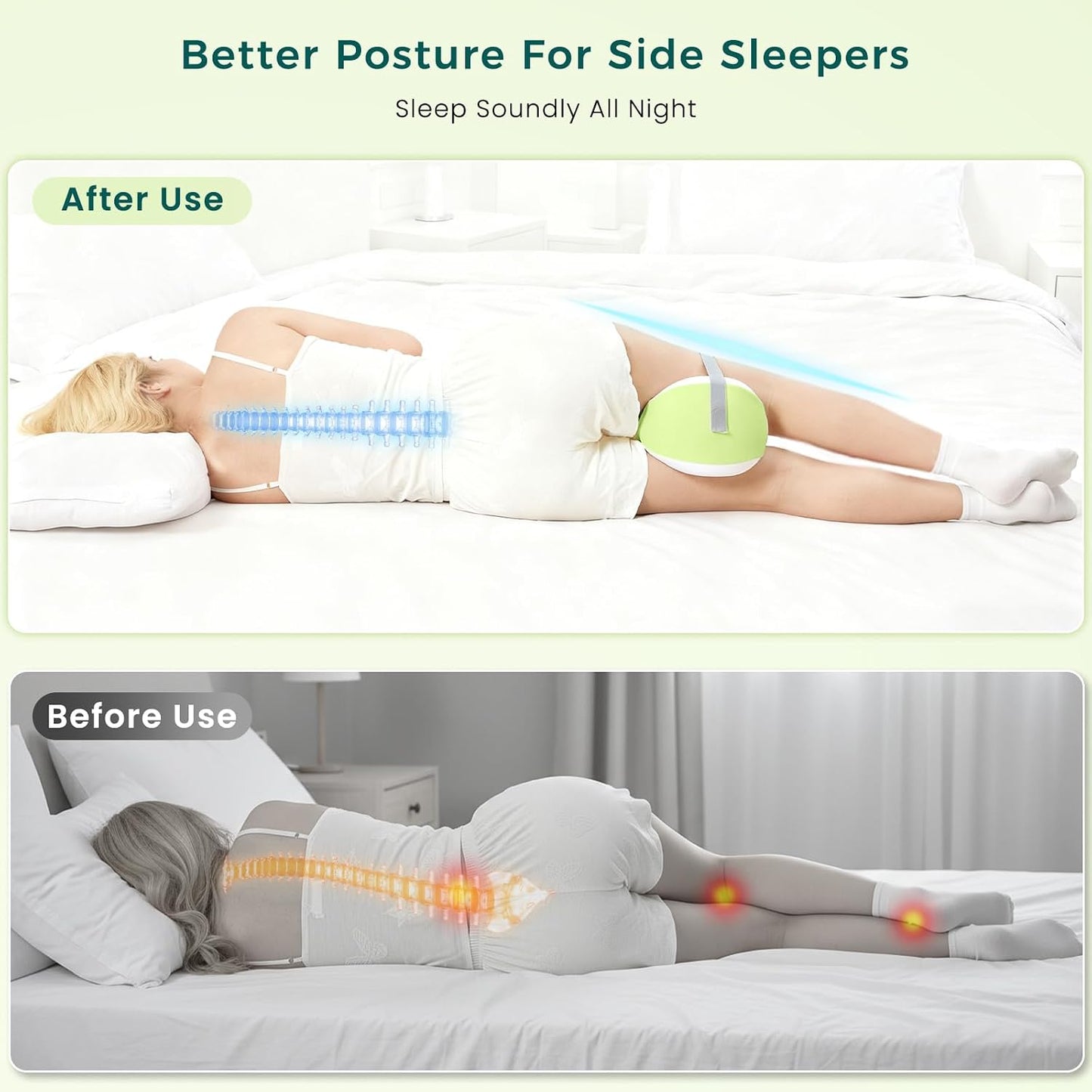 Knee Pillow for Side Sleepers, Leg Pillow with Adjustable Hook & Loop Strap & Removable Washable Cover for Spine Alignment, Sciatica, Hip & Back Pain Relief