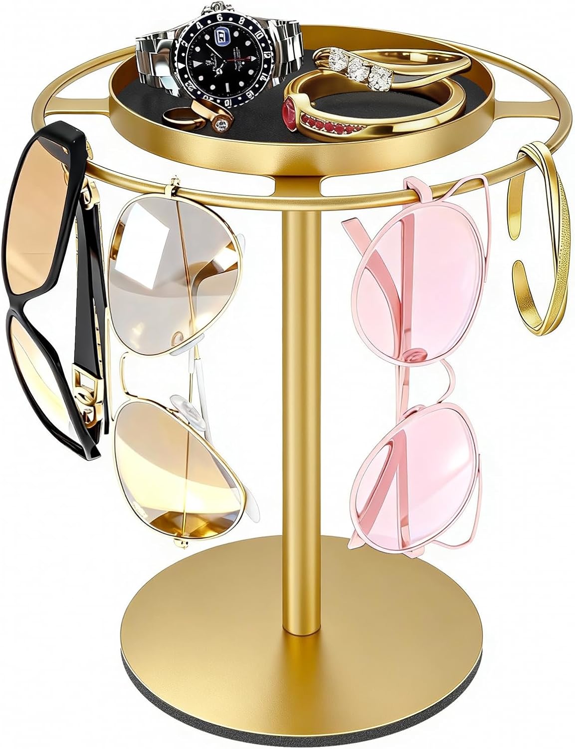 LSK Metal Sunglasses Organizer, Glasses Holder Stand with Storage Tray | Eyeglasses Holder with Anti-Slip Pads for Tabletop, Desk, Dresser, Matte Black