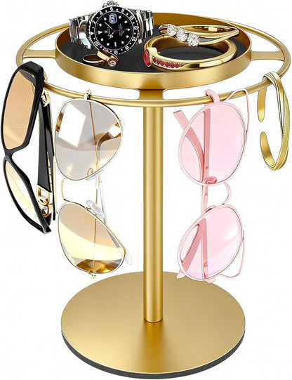 LSK Metal Sunglasses Organizer, Glasses Holder Stand with Storage Tray | Eyeglasses Holder with Anti-Slip Pads for Tabletop, Desk, Dresser, Matte Black