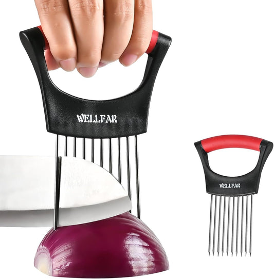 2PCS Onion Slicer, Vegetable Holder for Slicing, Slice Cutter Chopper Guide | Stainless Steel Onion Holders, Safe Anti-Cut, Uniform Kitchen Tool for Tomato, Avocado, Potato, Egg, Lemon, Meat Tenderizer.
