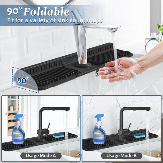 PoYang 24 Inch Faucet Mat for Kitchen Sink Splash Guard, Silicone, Black