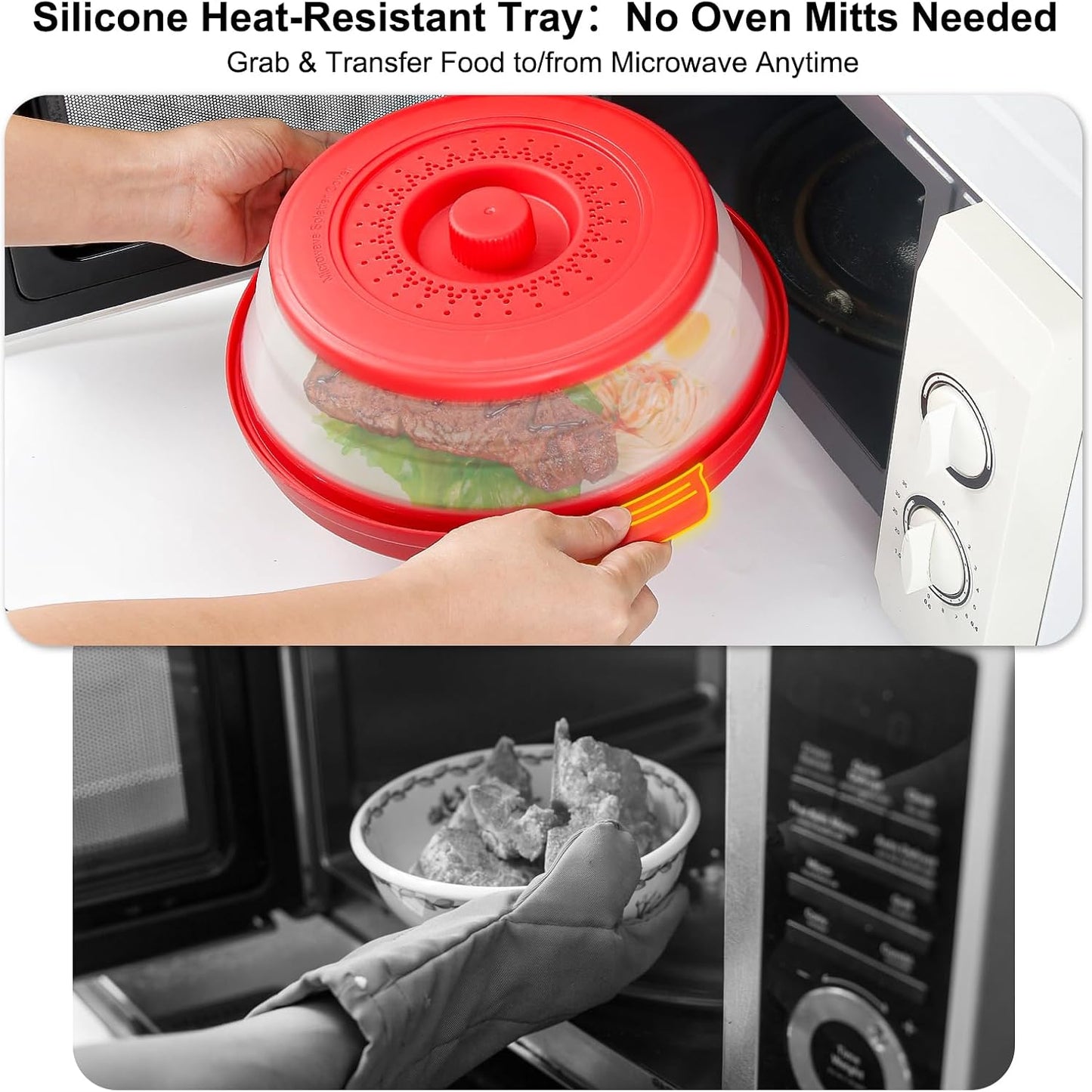 Microwave Splatter Cover for Food with Handle &Heat-Resistant Mat, 10.7" Collapsible Microwave Plate Cover - BPA Free, Dishwasher Safe Food Lid, Multi-Use Colander & Steamer for Meal Prep （Black）